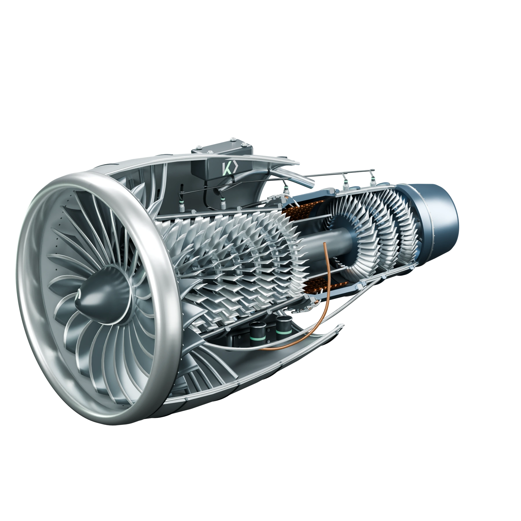 Detailed turbofan engine cutaway with swept fan blades, compressor stages, combustor and turbine, with interactive airflow and component health views