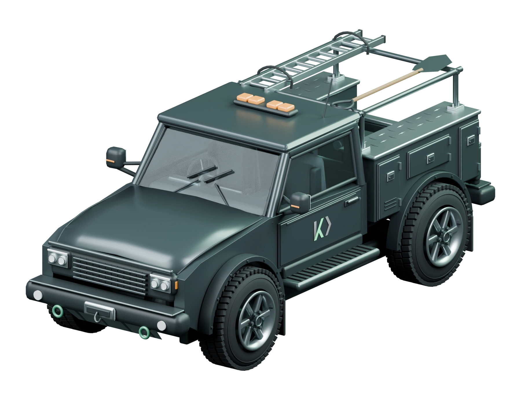 Kriterion field-service vehicle with detailed maintenance cabinets, equipment, chassis and wheels